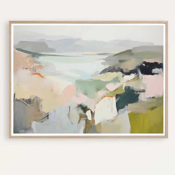Abstract Coastal Landscape Misty Coastline Grey Green Calm Print