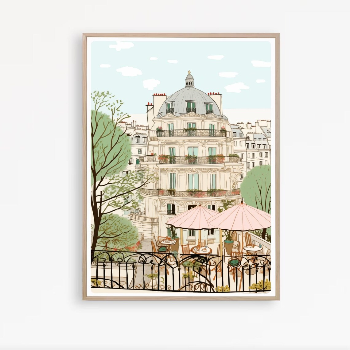 Paris Cafe Scene Illustration Pink Umbrellas Haussmann Building Poster - Image 4