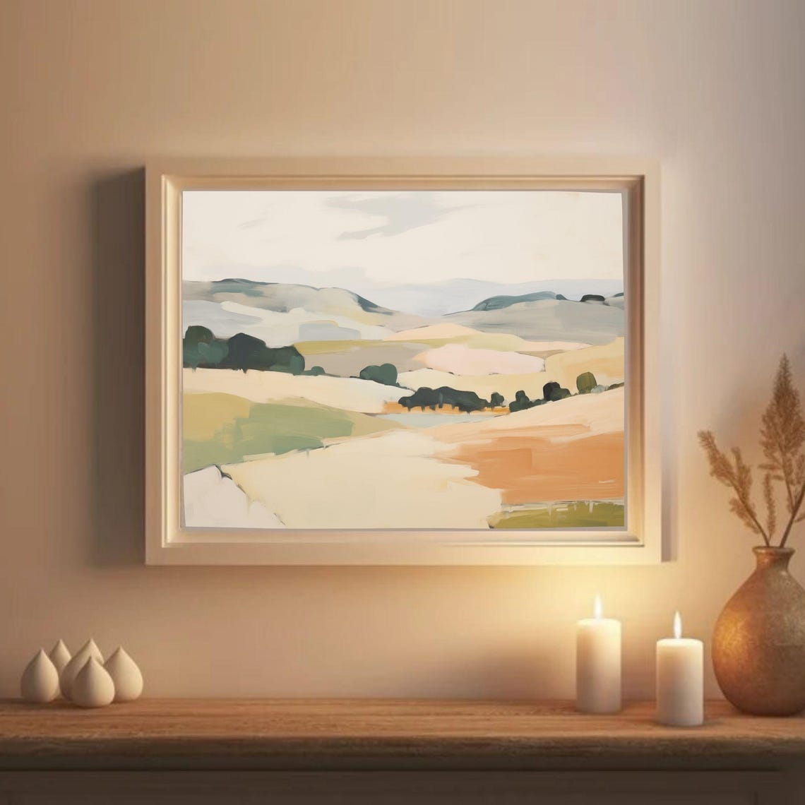 Abstract Neutral Landscape Rolling Hills Sage Terracotta Print - Image 2