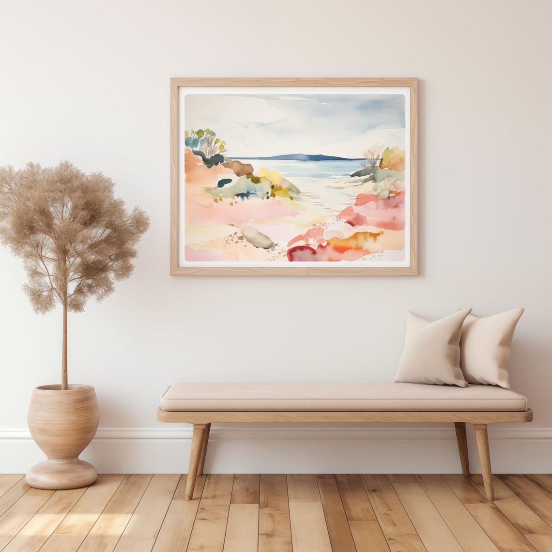 Pastel Beach Watercolor Coral Cliffs Ocean Shoreline Coastal Poster - Image 2