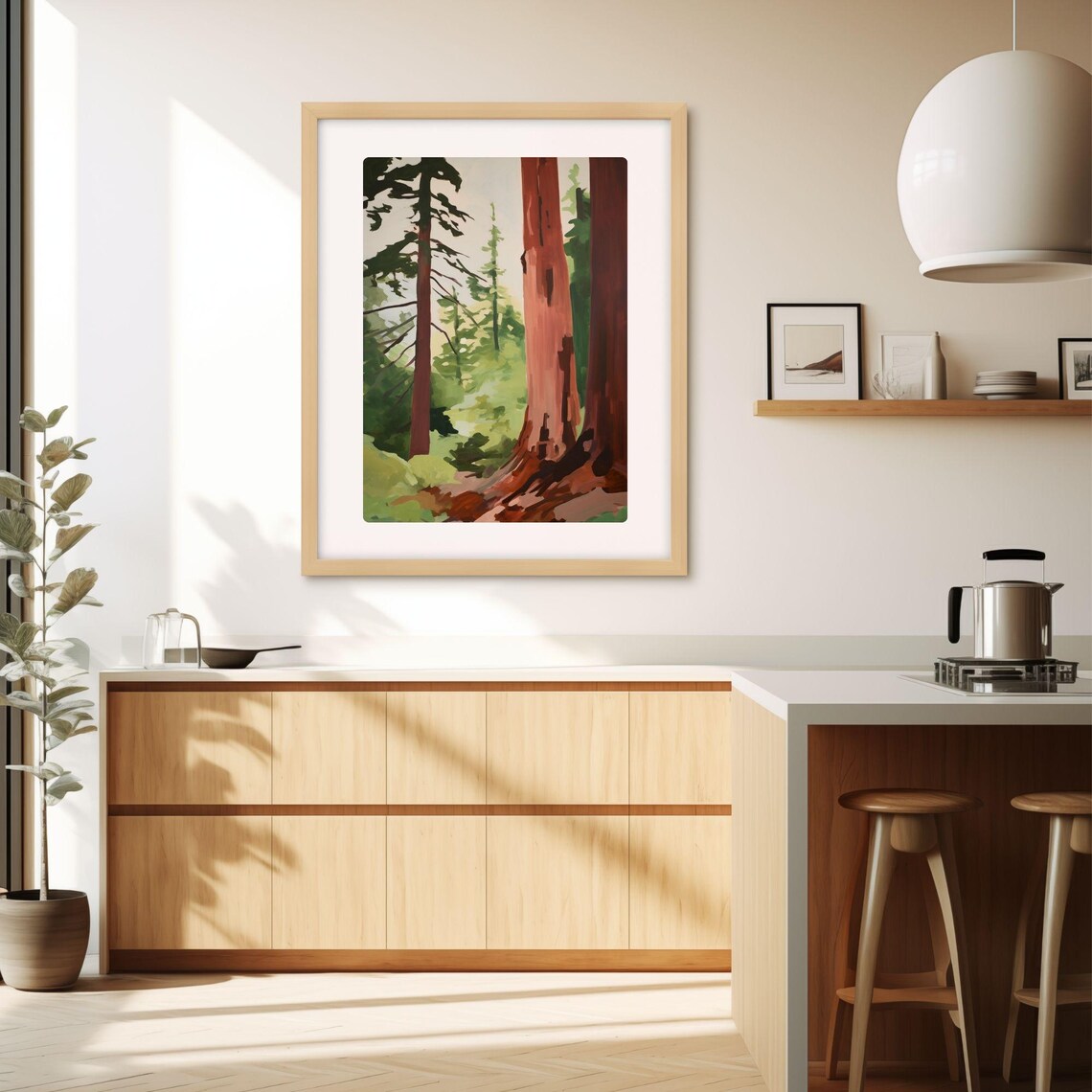 Tall Redwood Tree Trunks Green Forest Path Woodland Painting Poster - Image 2
