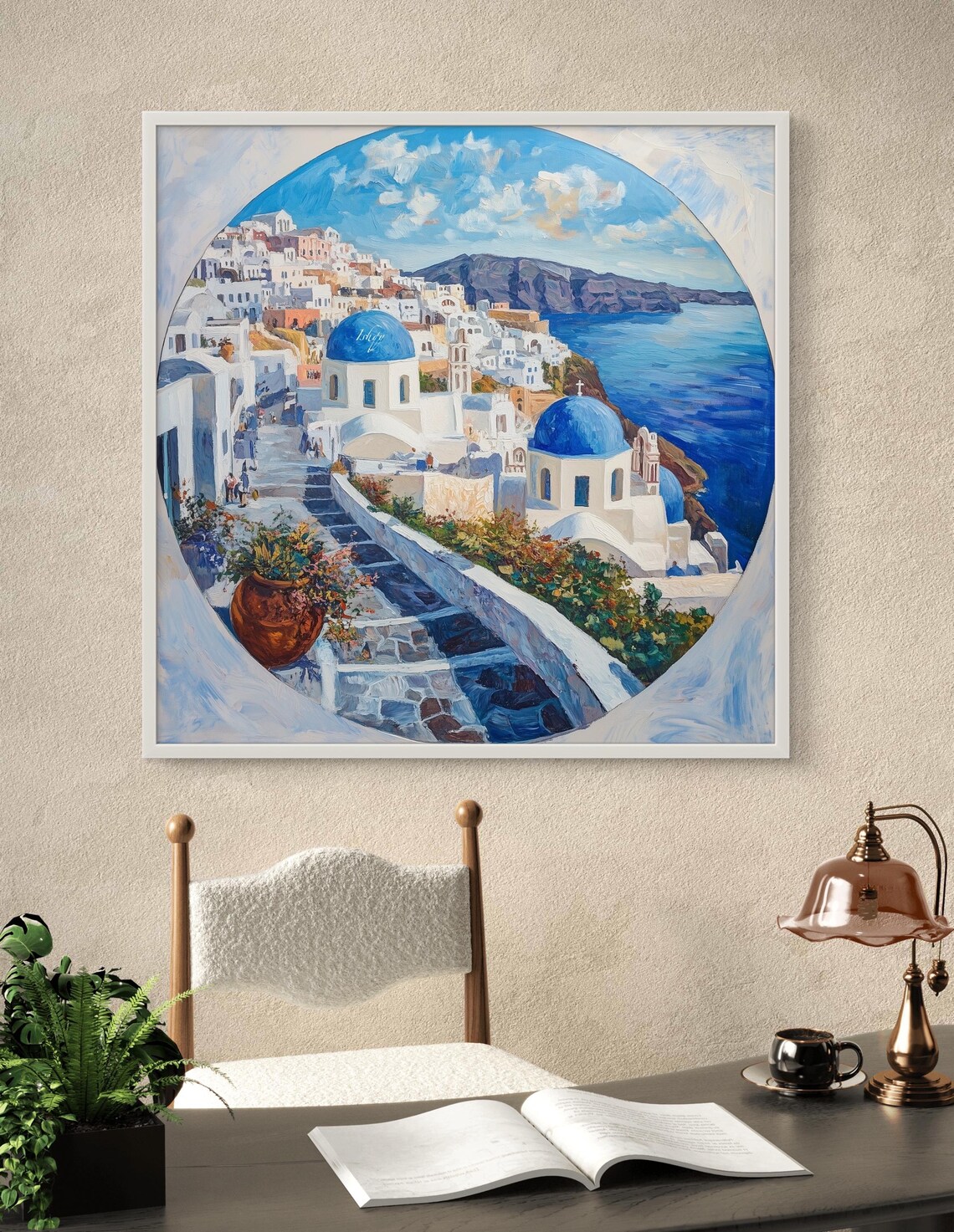 Santorini Greece Blue Domes Coastal Town Painting Art Poster - Image 3