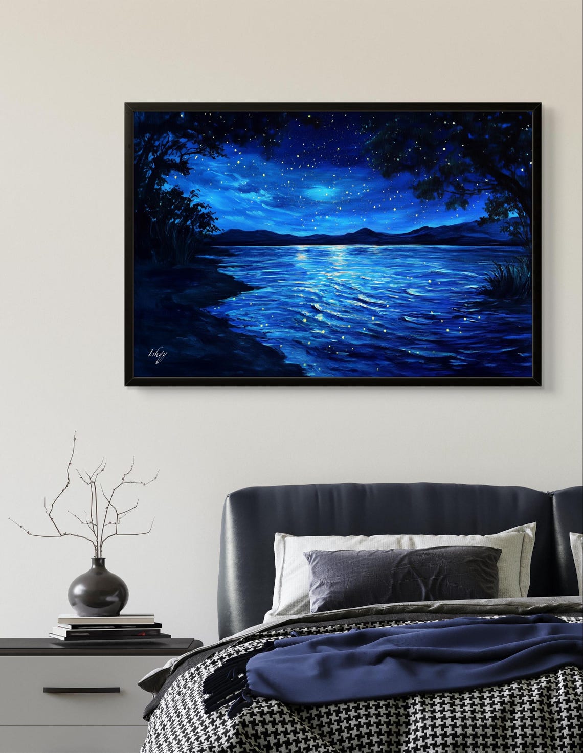 Moonlit Lake Under a Starry Night Sky with Glowing Fireflies Poster - Image 3