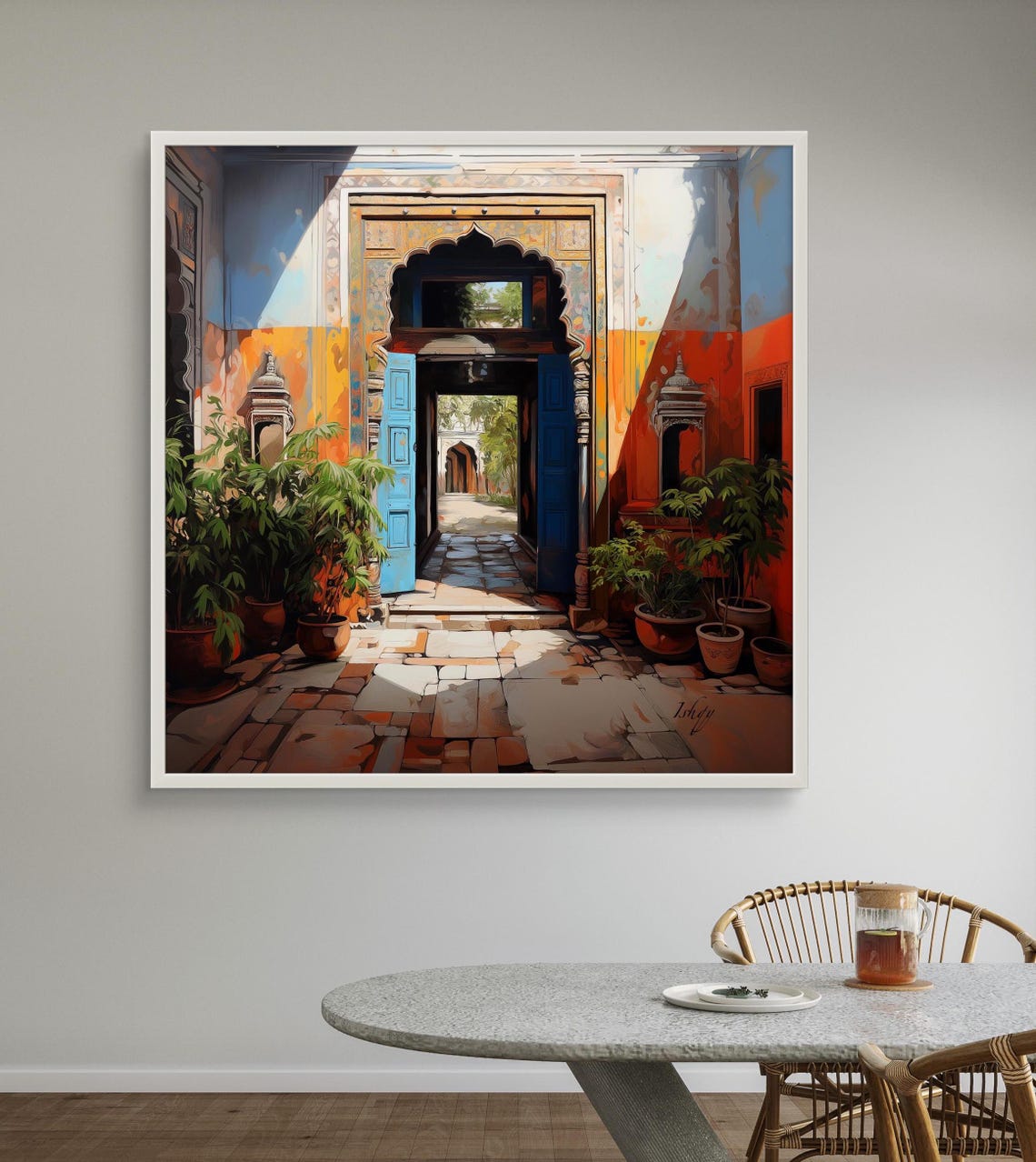 Indian Haveli Courtyard with Blue Doors and Archway Art Poster - Image 2