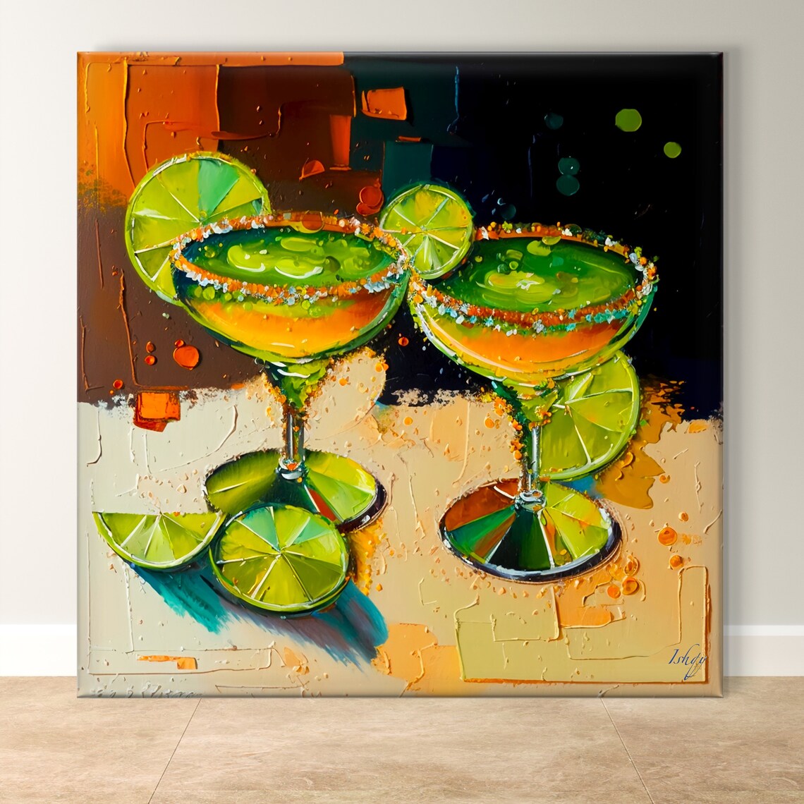 Two Frosty Margaritas With Lime Wedges Cocktail Art Bar Poster