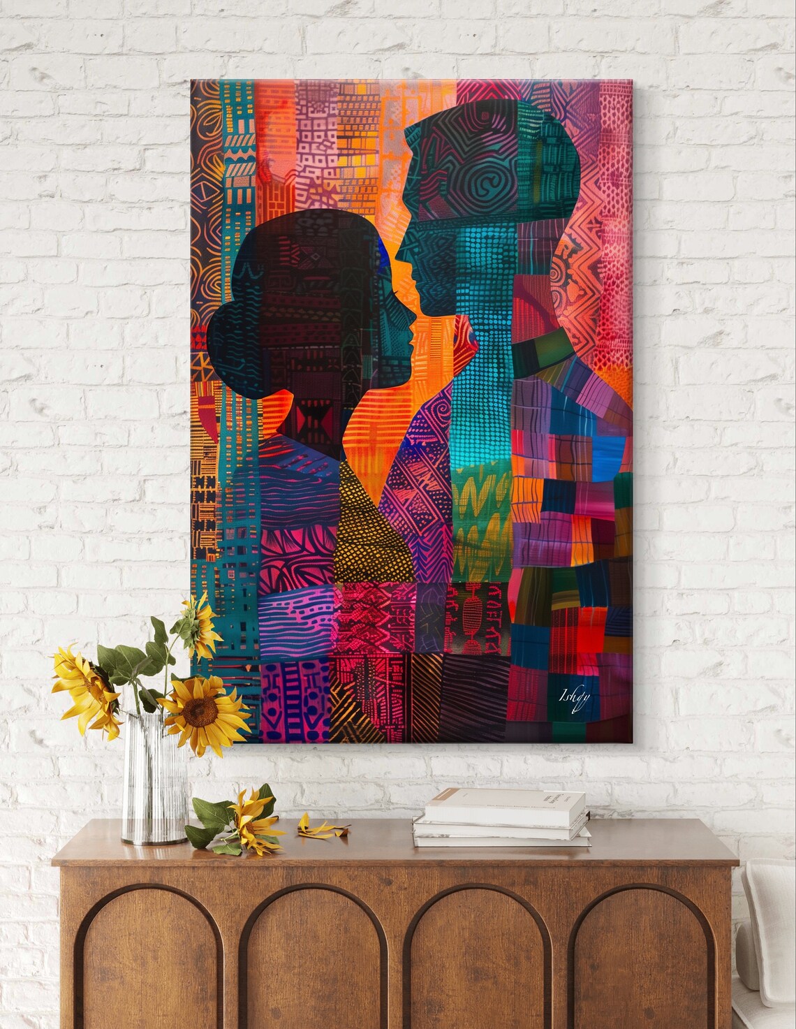 African Couple Silhouette in Tribal Pattern Mosaic Art Poster - Image 6