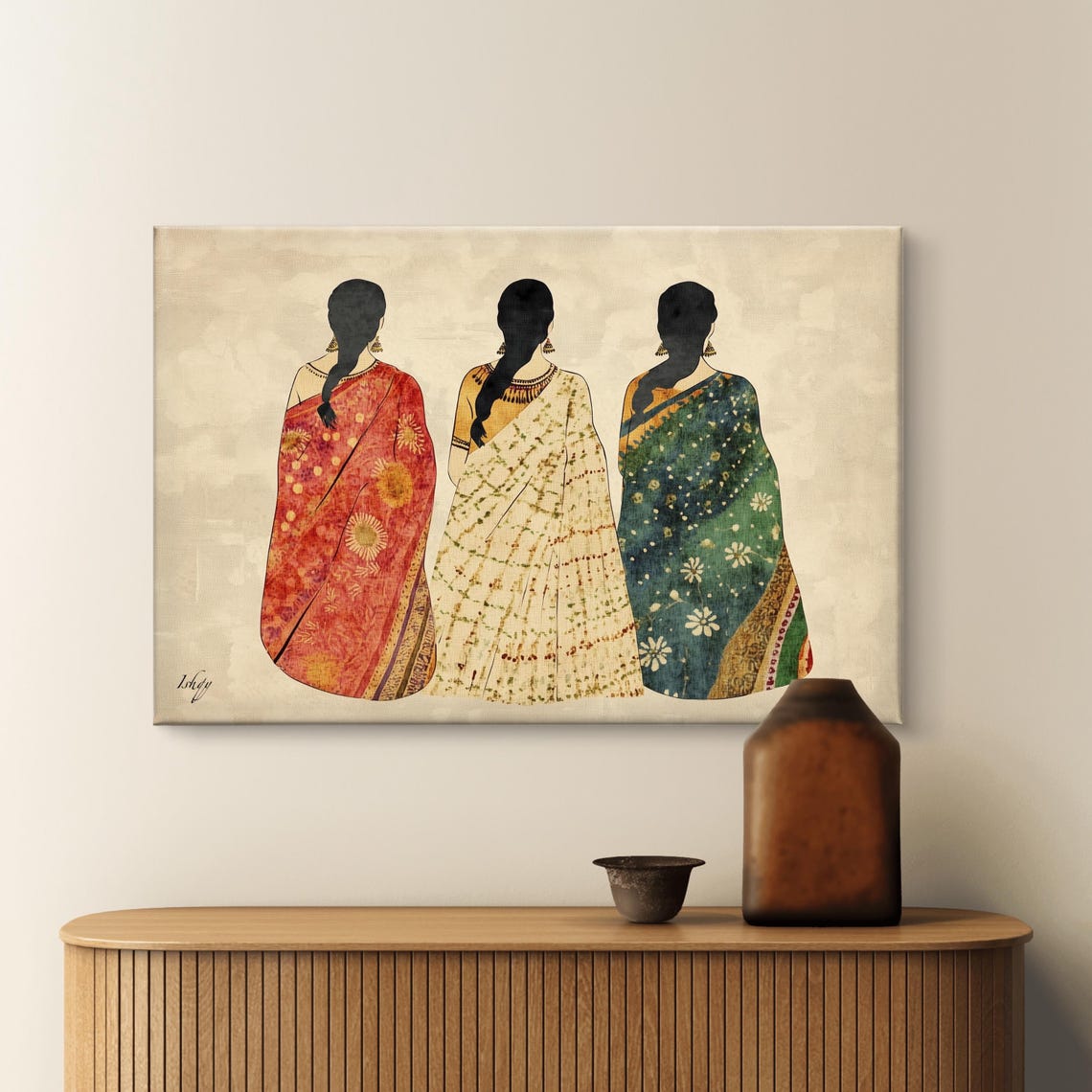 Three Graceful Women in Sarees Back View Indian Heritage Art Poster - Image 7