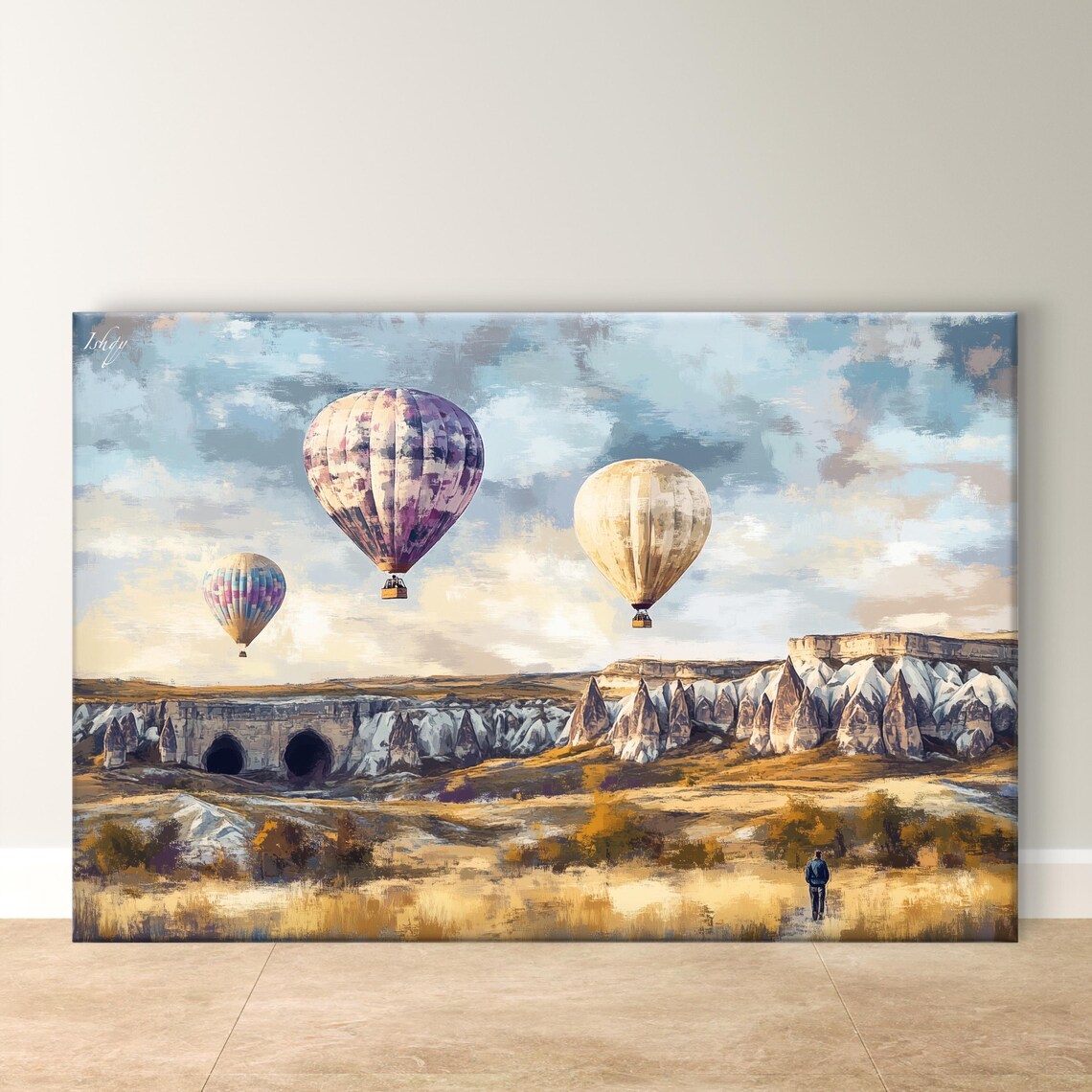Cappadocia Hot Air Balloons Drifting Over Rock Valley Landscape Poster