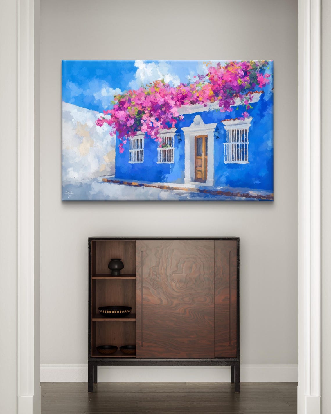 Cobalt Blue Colombian Colonial House With Bougainvillea Street Poster - Image 7