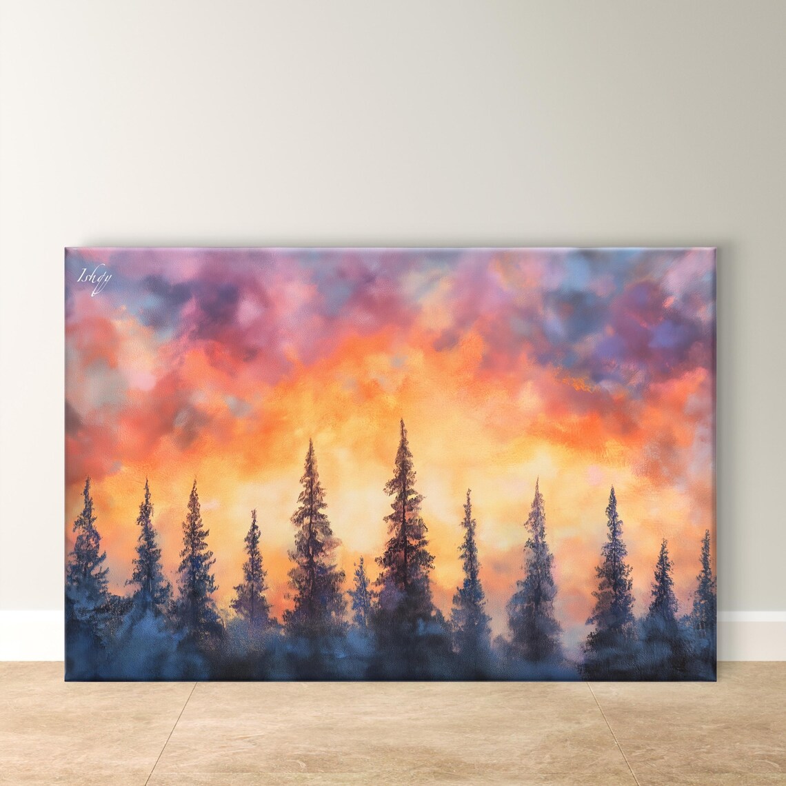 Sunset Pine Forest Fiery Orange Sky Silhouette Landscape Poster
