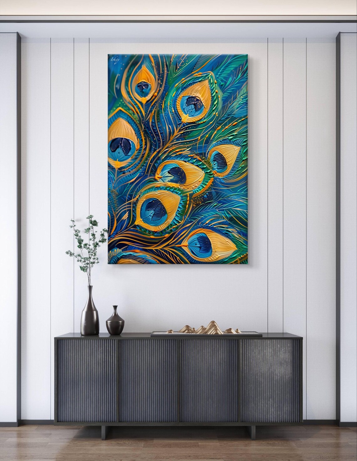 Peacock Feathers Electric Blue Gold Swirling Detail Art Poster - Image 7