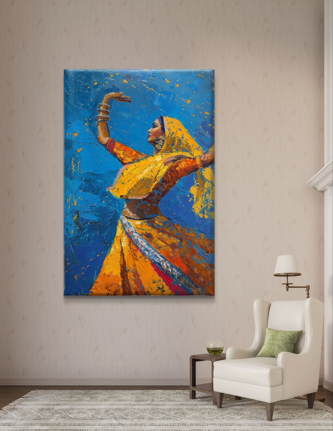 Rajasthani Dancer in Yellow Sari on Deep Blue Artwork Poster - Image 6