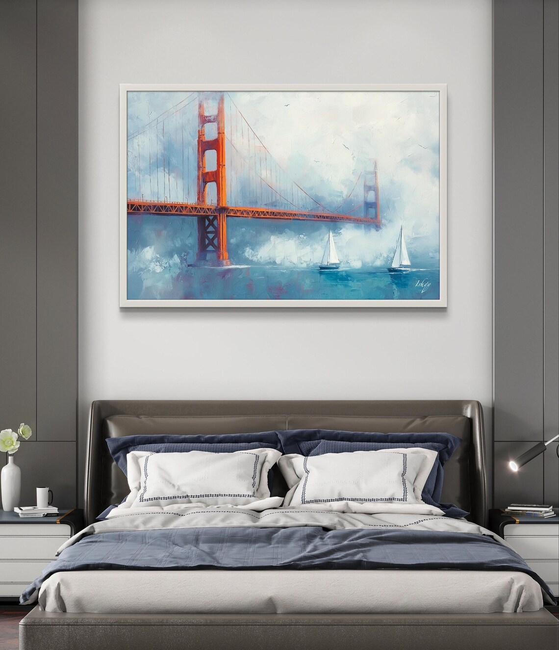 Golden Gate Bridge in Morning Fog with Sailboats Painting Poster - Image 6