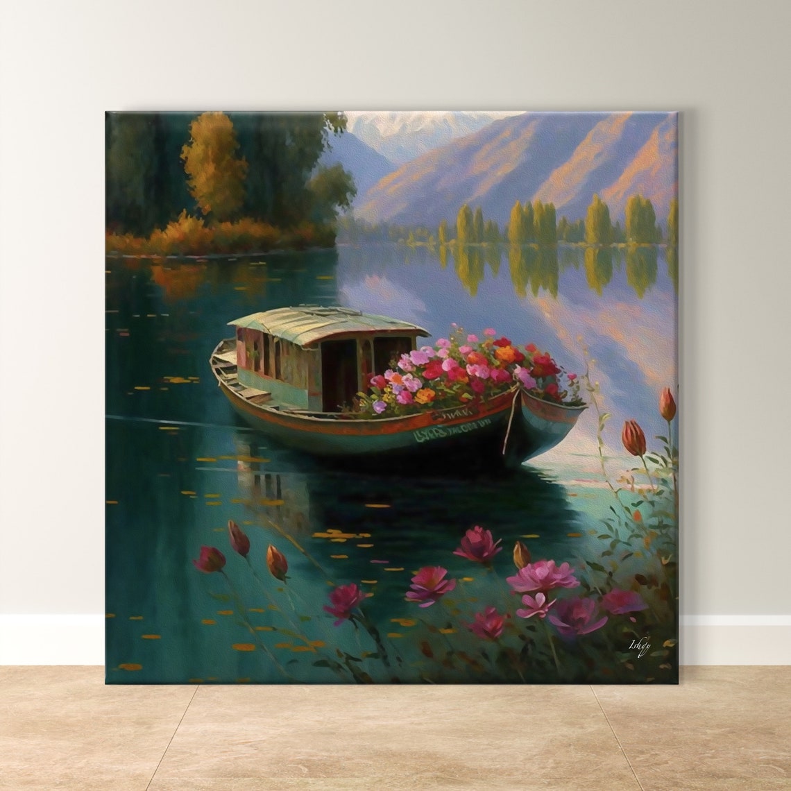 Flower-Laden Houseboat on a Calm Himalayan Lake Sunset Poster