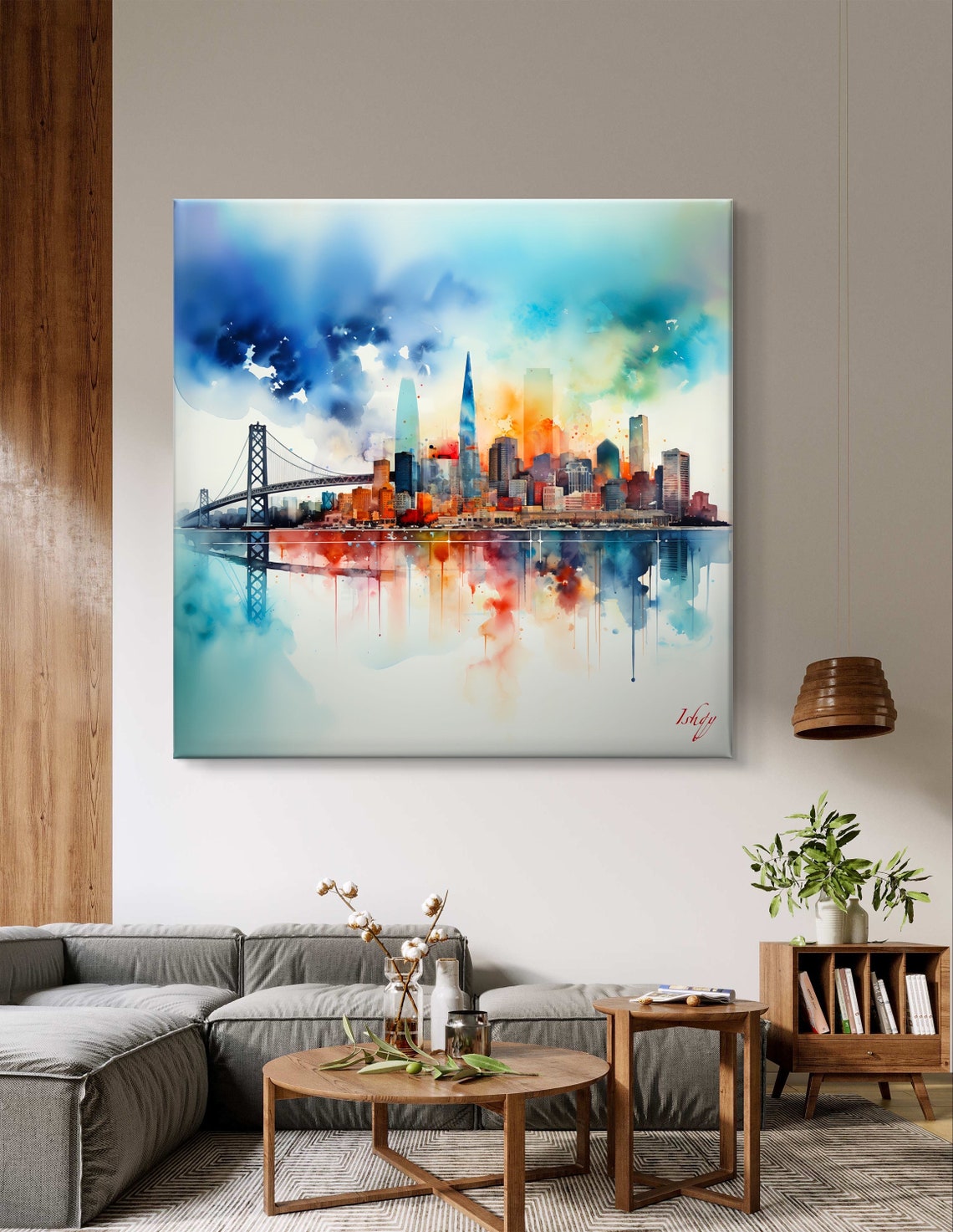 San Francisco Skyline Watercolor with Bay Bridge Reflection Poster - Image 5
