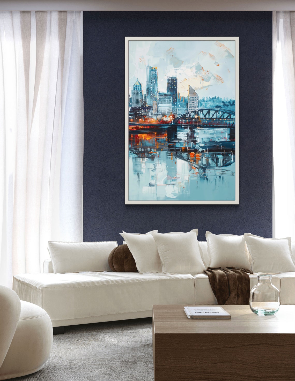 Portland Oregon Skyline Bridge River Reflection Cityscape Art Poster - Image 3