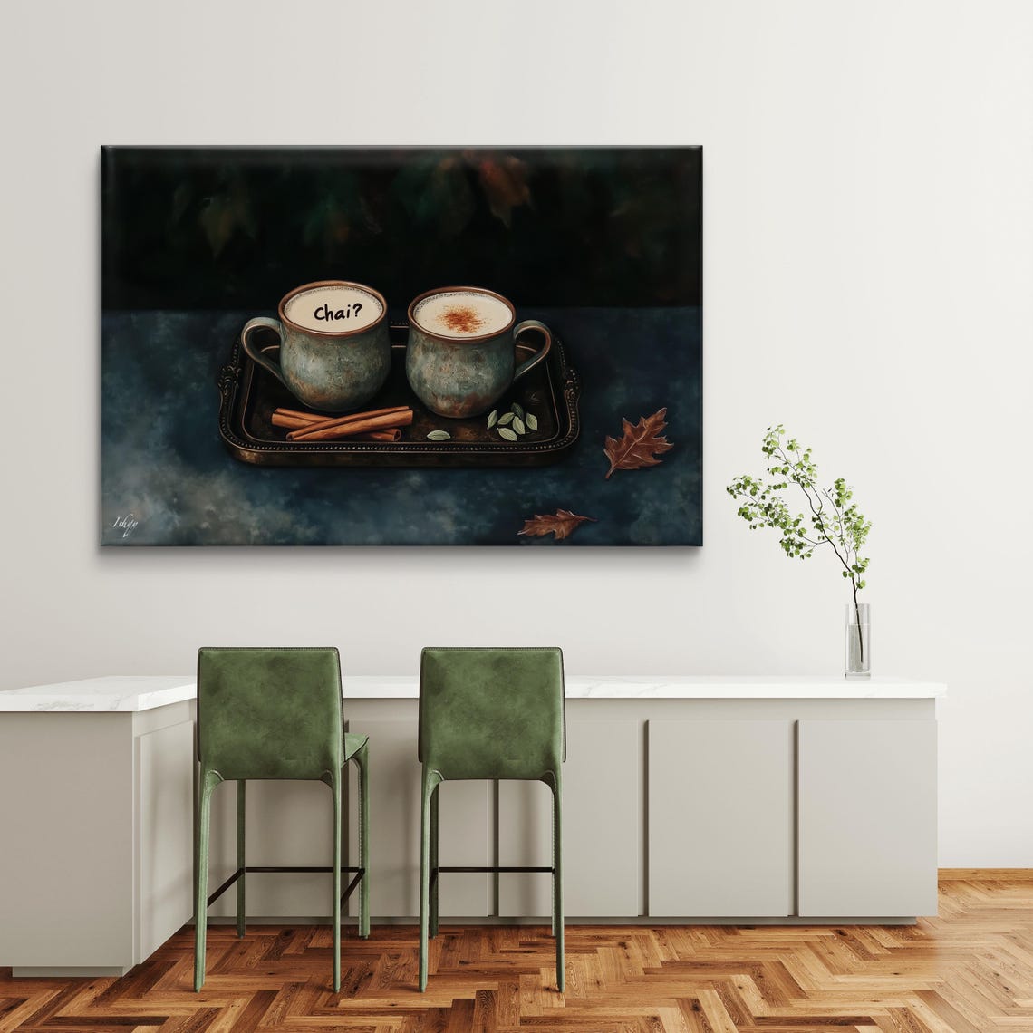 Two Steaming Chai Mugs Cinnamon Sticks Autumn Leaves Kitchen Poster - Image 6