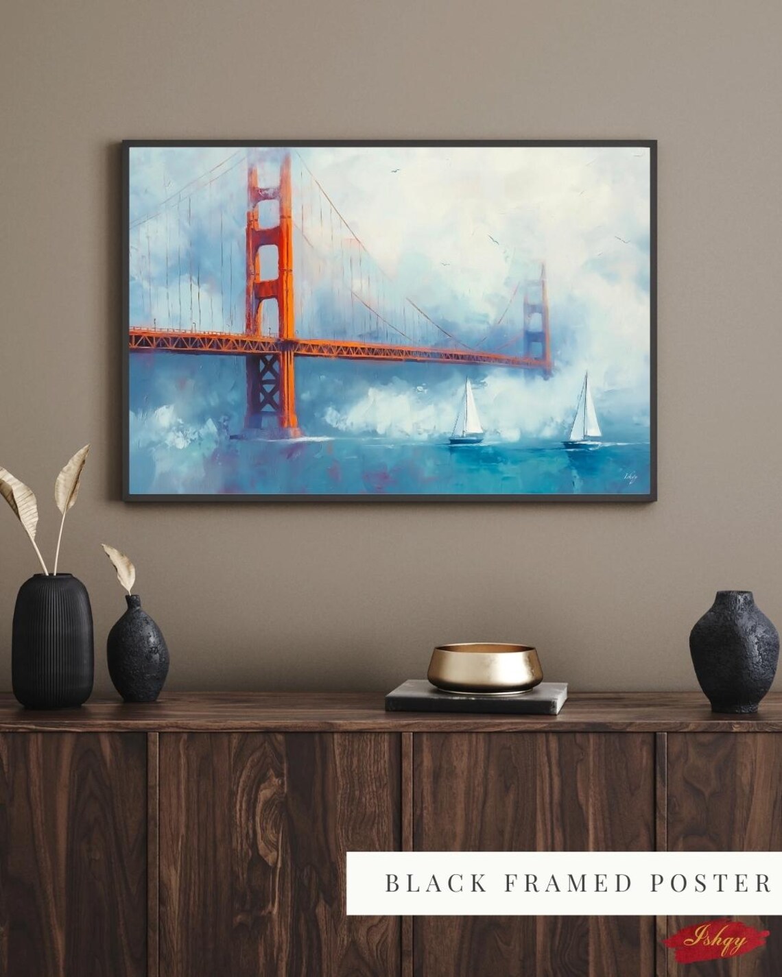 Golden Gate Bridge in Morning Fog with Sailboats Painting Poster - Image 2