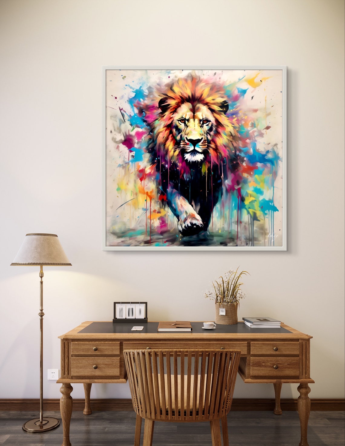 Lion Walking Forward in Vibrant Watercolor Splash Artwork Style Poster - Image 4