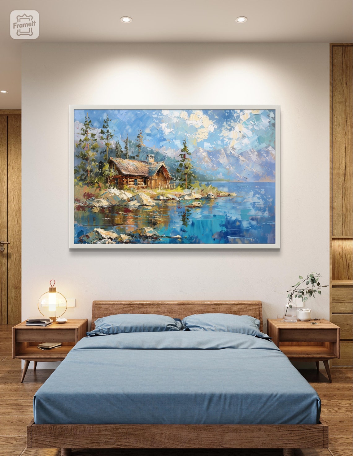 Lake Tahoe Rustic Log Cabin on Rocky Shore with Snowy Peaks Poster - Image 2
