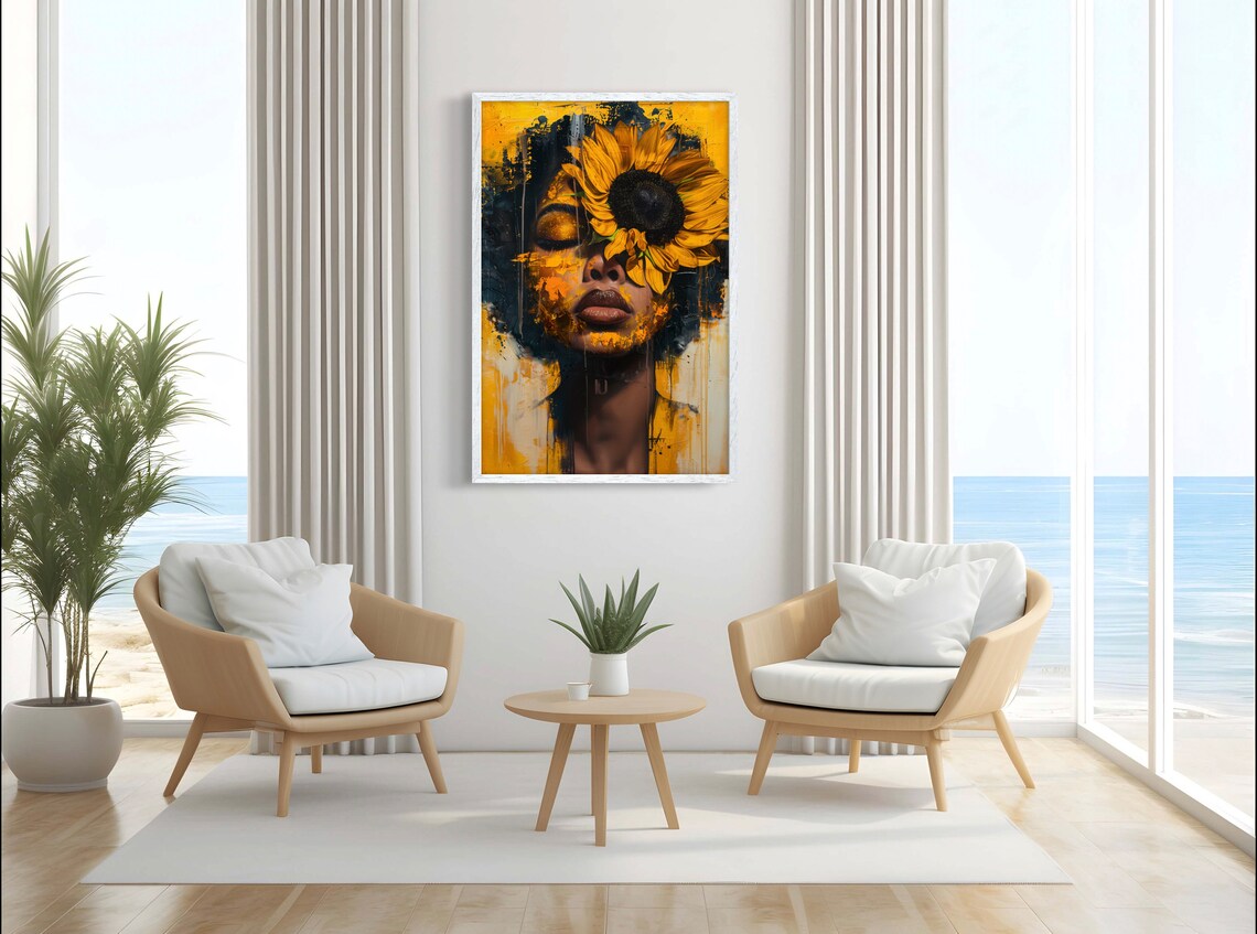 Woman Portrait with Sunflower Covering One Eye in Gold Tones Poster - Image 4