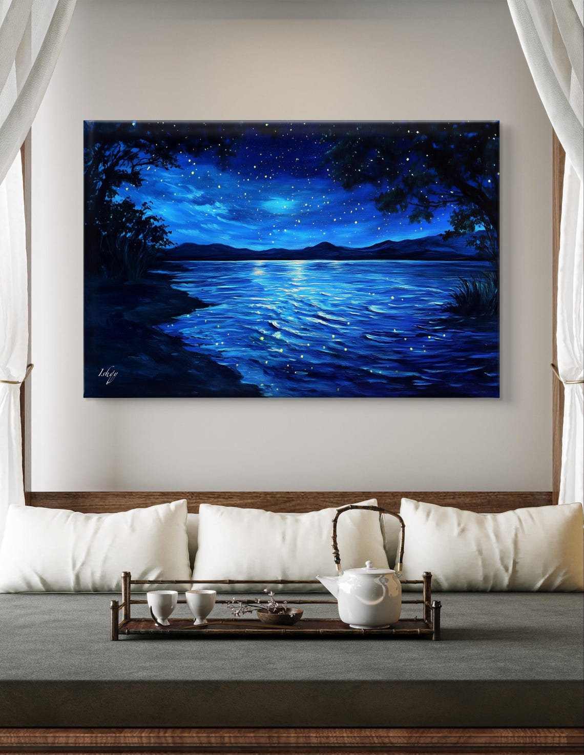 Moonlit Lake Under a Starry Night Sky with Glowing Fireflies Poster - Image 5