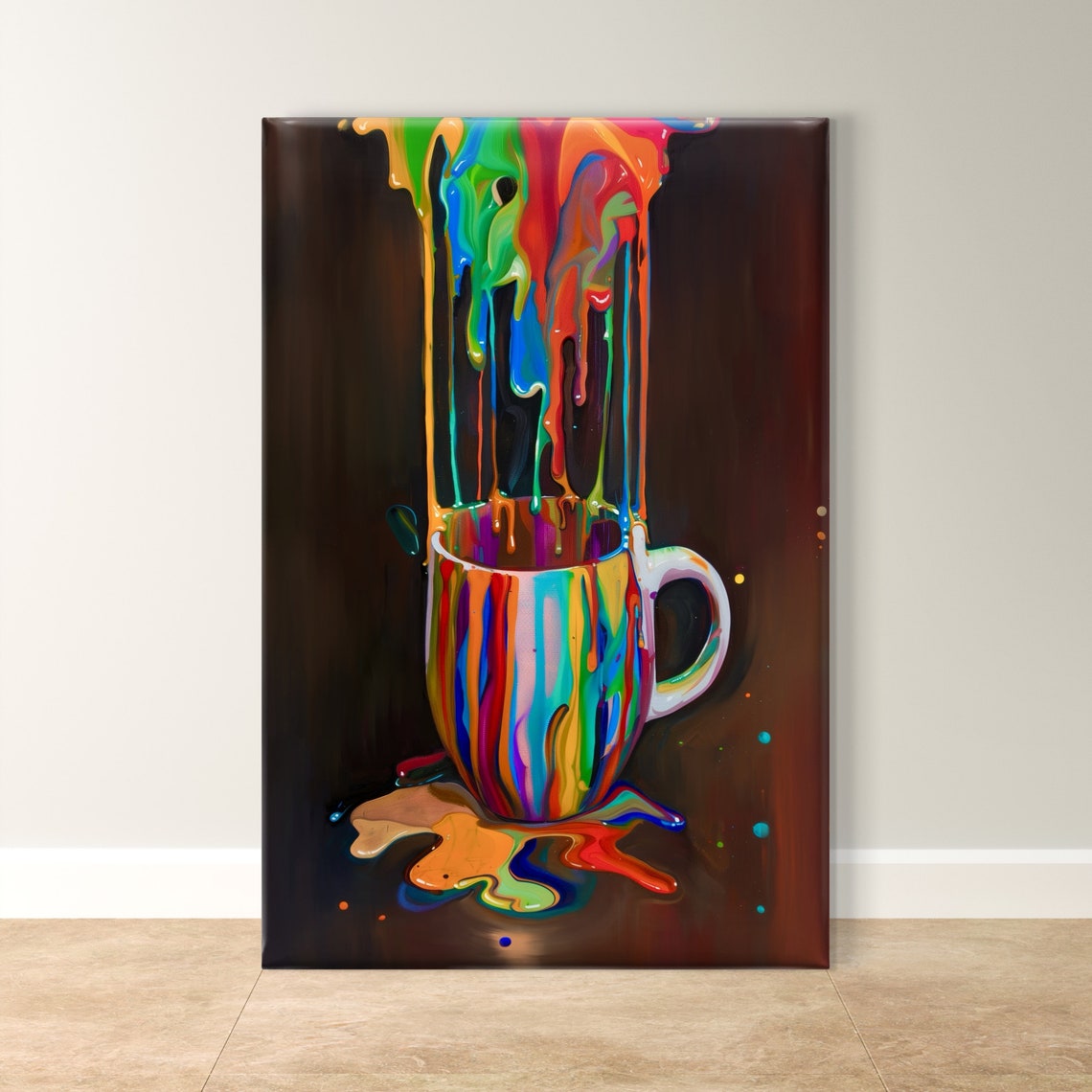 Colorful Coffee Art Vibrant Mug Painting Modern Wall Decor Pop Art Coffee Artwork Unique Kitchen Gift Bold Stylish Home Decor