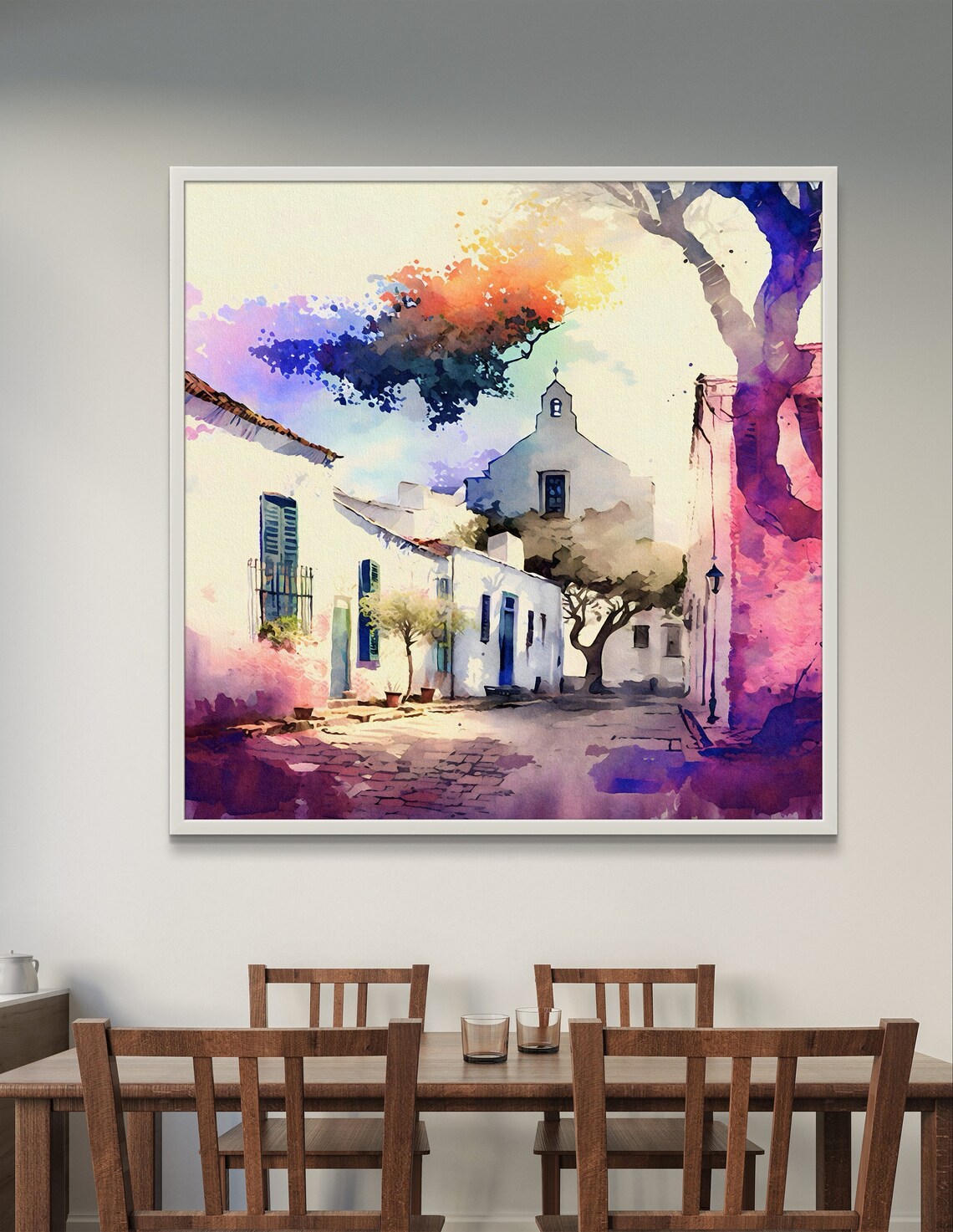 White Colonial Chapel Watercolor Village Street Serene Poster - Image 4