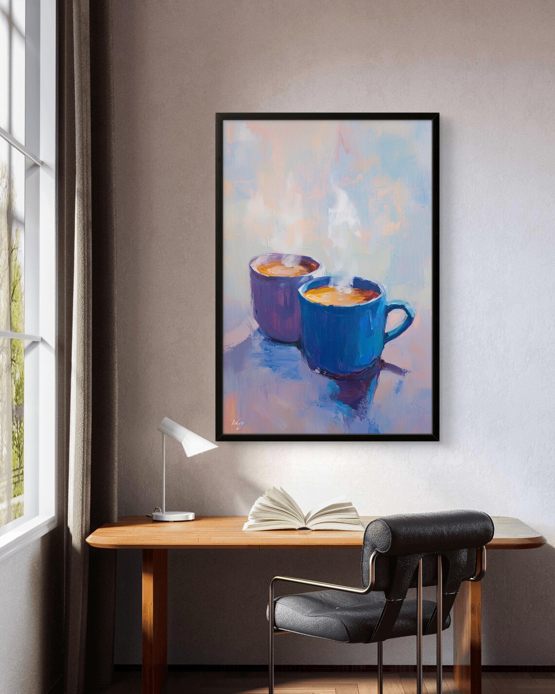 Two Steaming Blue Coffee Mugs Cozy Morning Kitchen Art Poster - Image 3