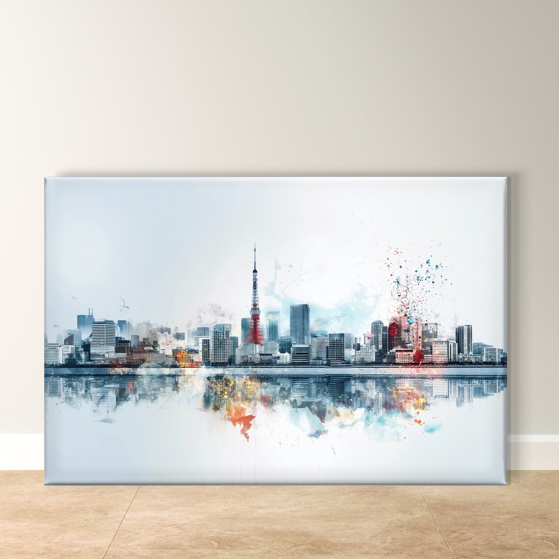 Tokyo Tower Skyline Watercolor Reflection Modern Cityscape Art Poster