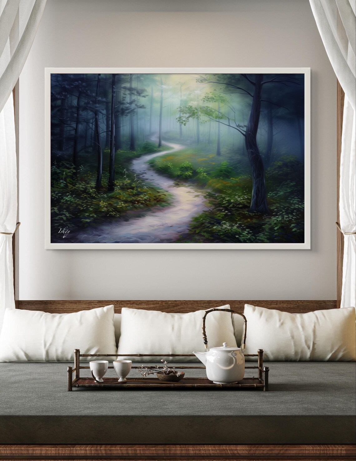 Misty Blue Forest Trail Dreamy Foggy Woodland Scenery Poster - Image 3