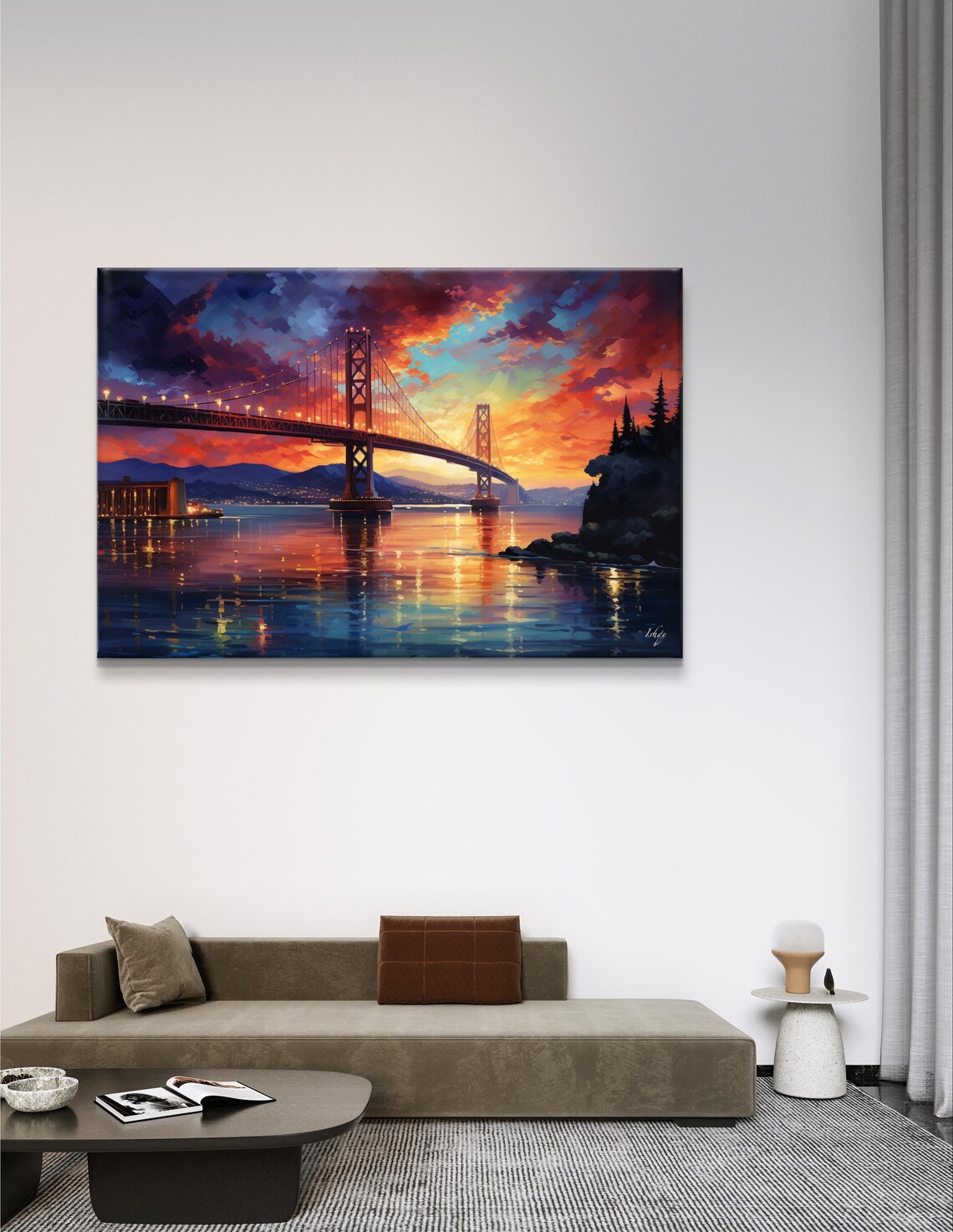 San Francisco Bay Bridge at Fiery Sunset Over Sparkling Water Poster - Image 3