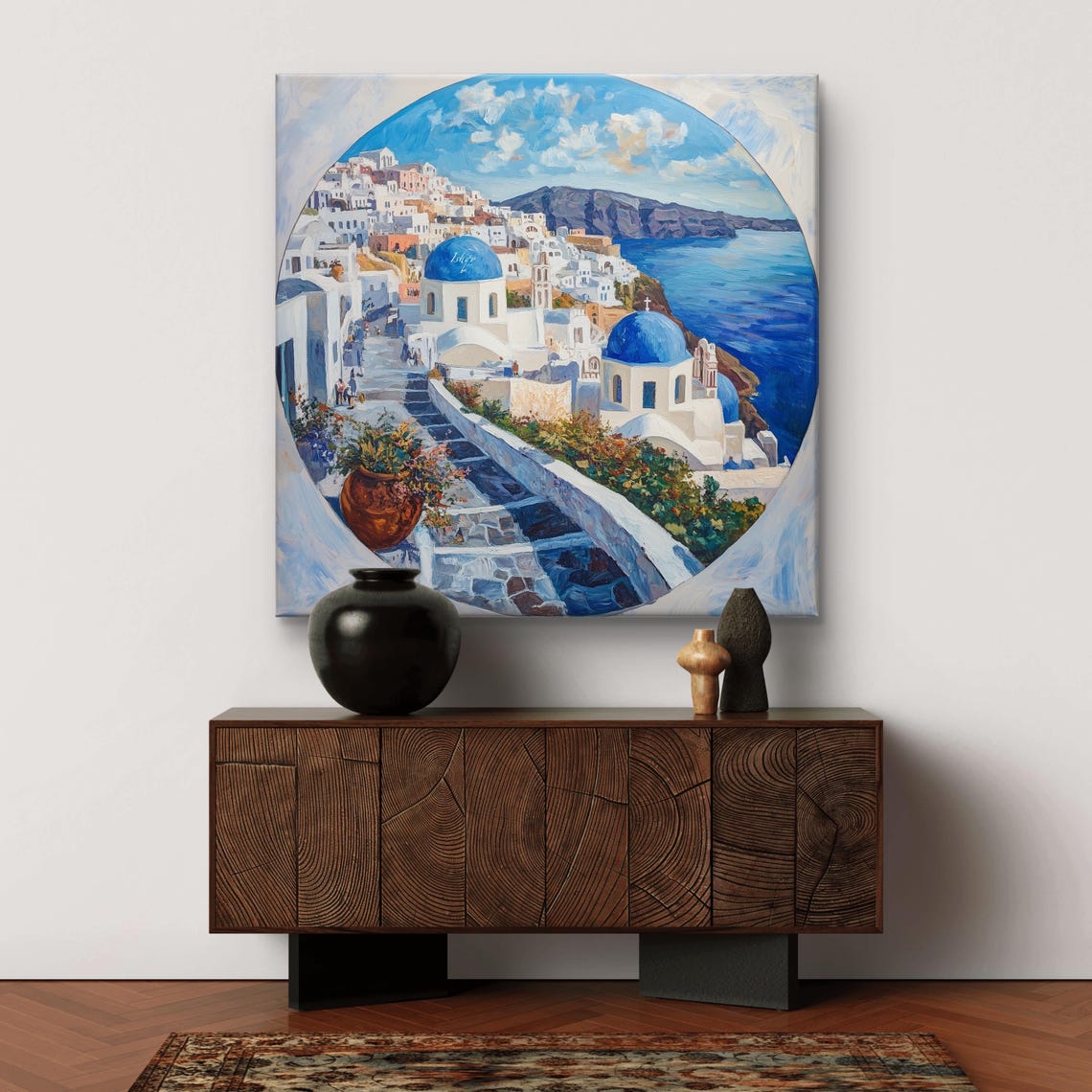 Santorini Greece Blue Domes Coastal Town Painting Art Poster - Image 6