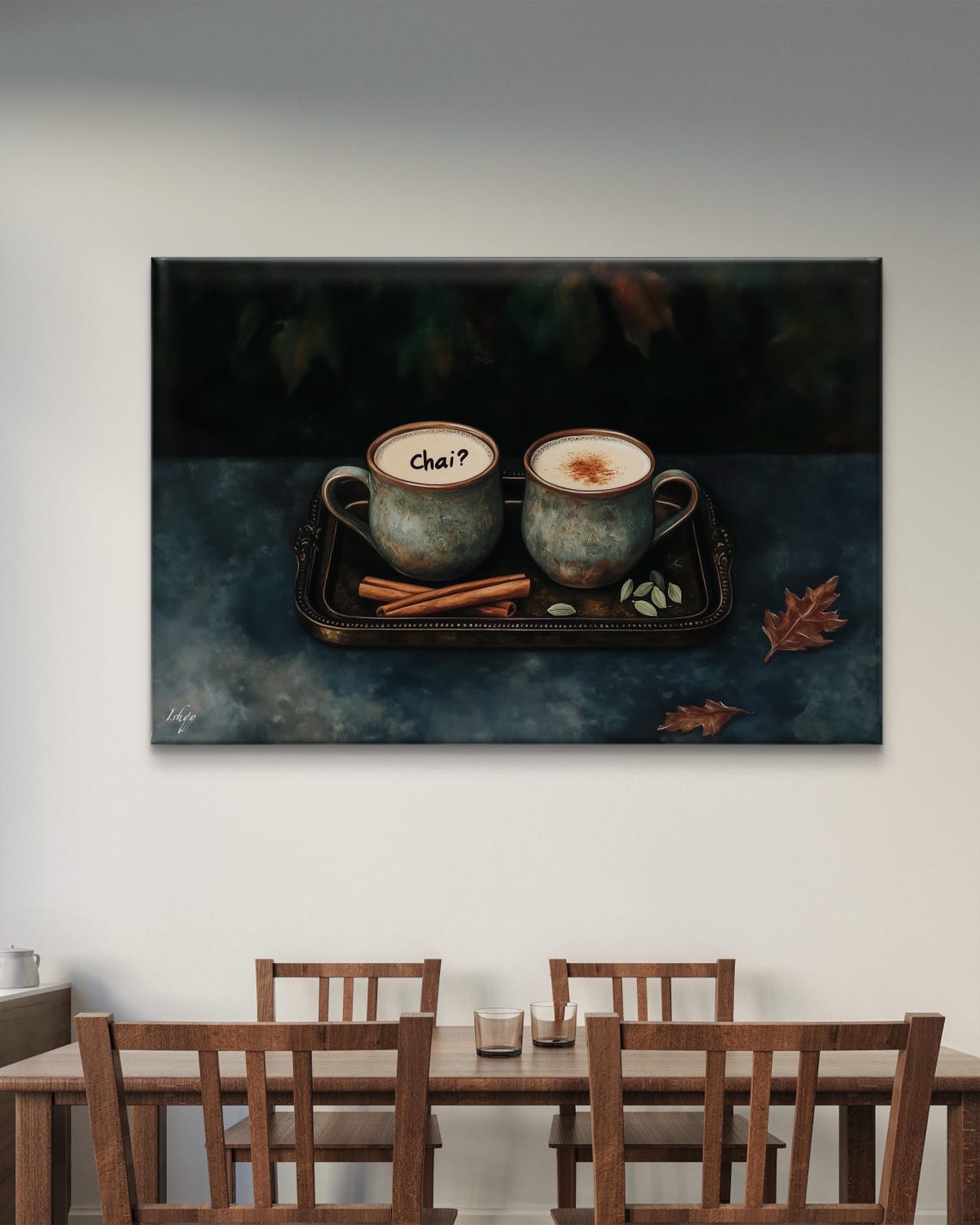 Two Steaming Chai Mugs Cinnamon Sticks Autumn Leaves Kitchen Poster - Image 7