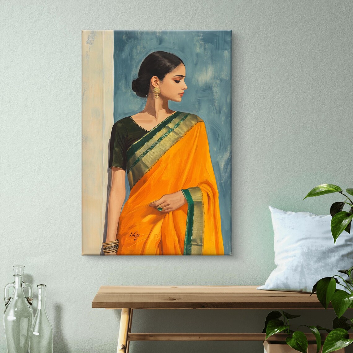 Elegant Indian Woman in Orange Saree Cultural Portrait Painting Poster - Image 7