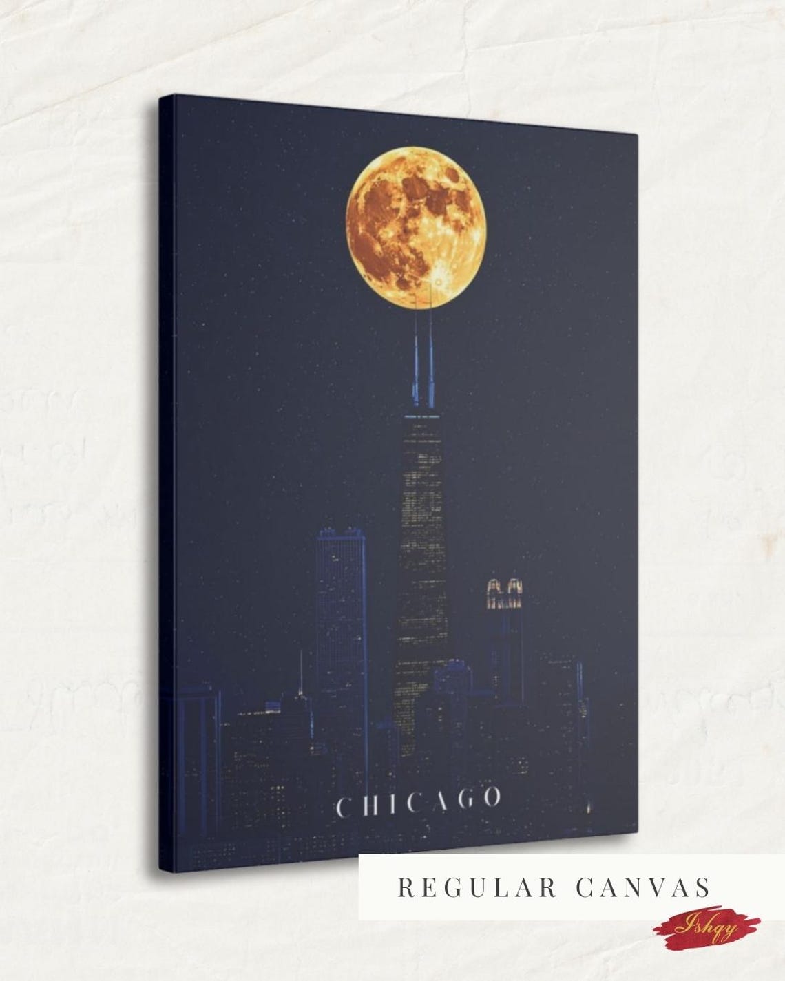 Chicago Skyline Night Full Moon Over Willis Tower City Poster - Image 3