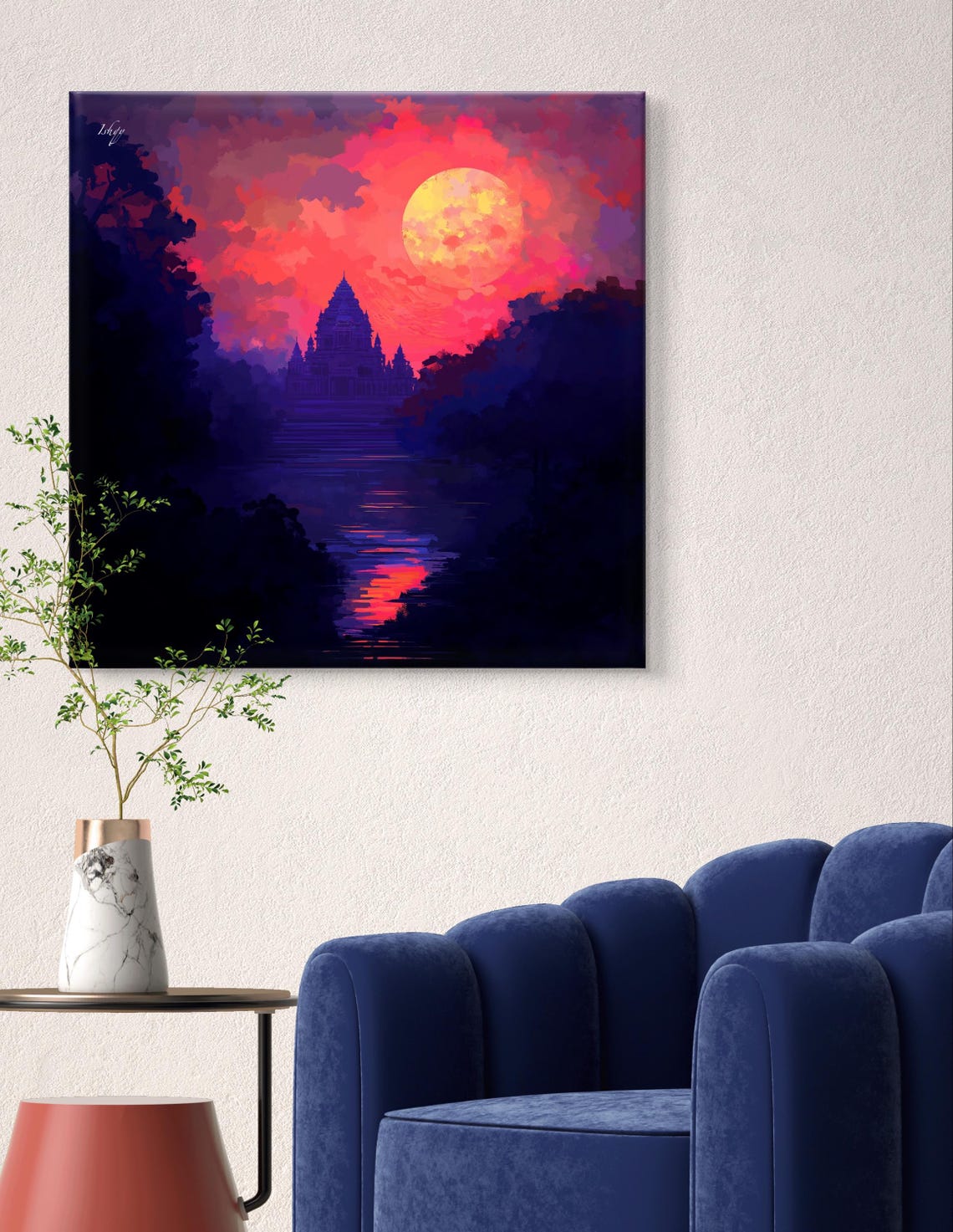Ancient Temple Silhouette Beneath a Giant Pink Moon Night Poster - Image 4