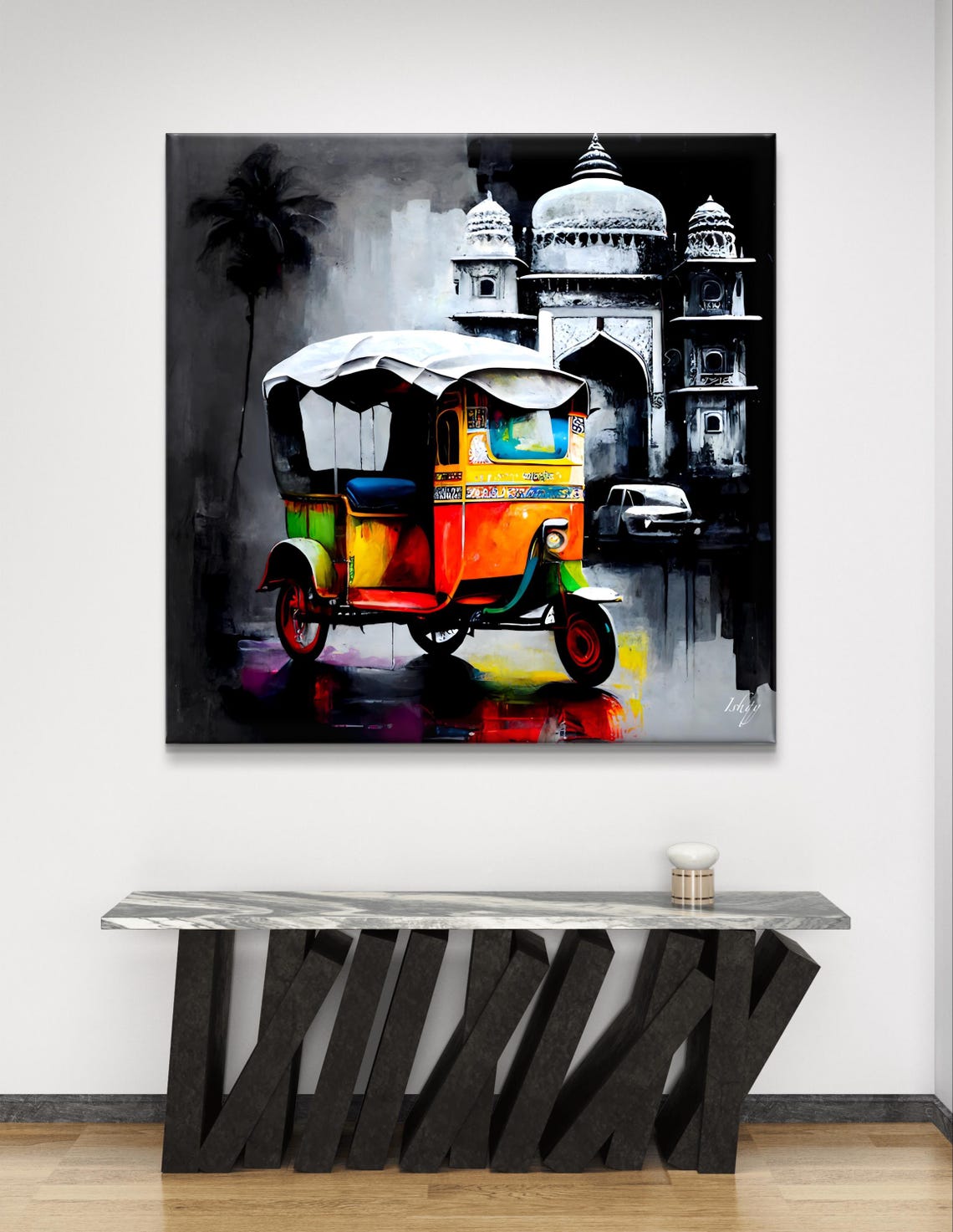 Painted Rickshaw Before a Gray Indian Temple Street Scene Poster - Image 5