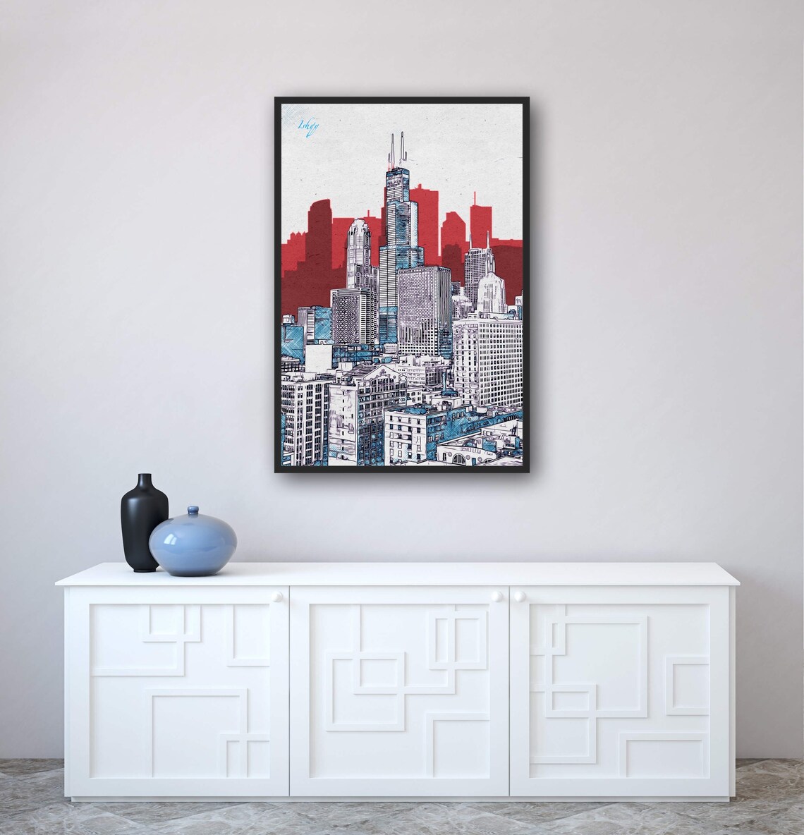 Chicago Skyline Line Art in Red and Blue Graphic Style Poster - Image 4