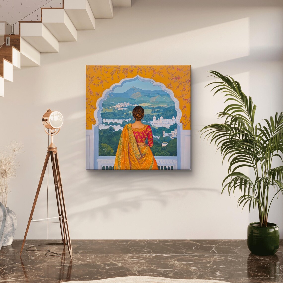 Woman at Palace Window Orange Saree India Royal View Art Poster - Image 4
