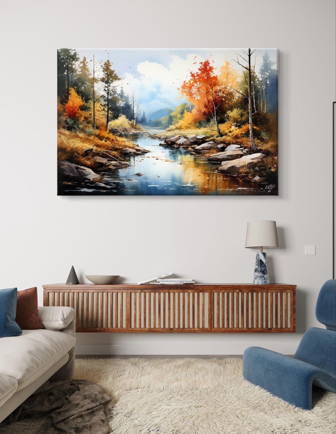 Autumn in New England Fall River and Forest Watercolor Poster - Image 6