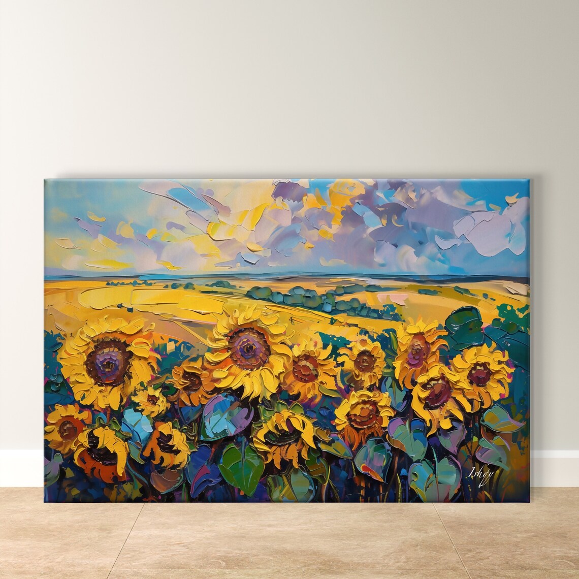 Golden Sunflower Field Landscape in Impressionist Style Poster