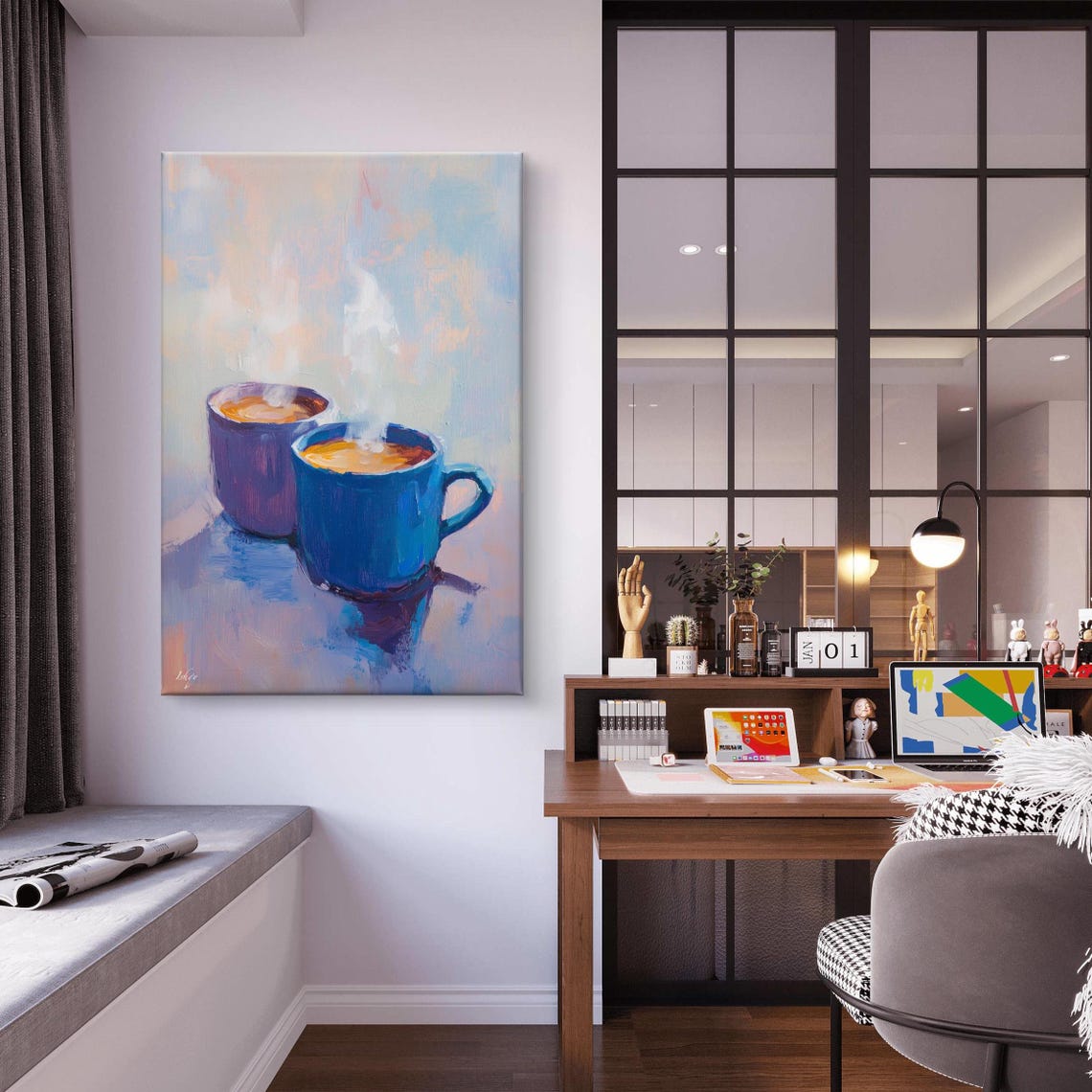 Two Steaming Blue Coffee Mugs Cozy Morning Kitchen Art Poster - Image 5