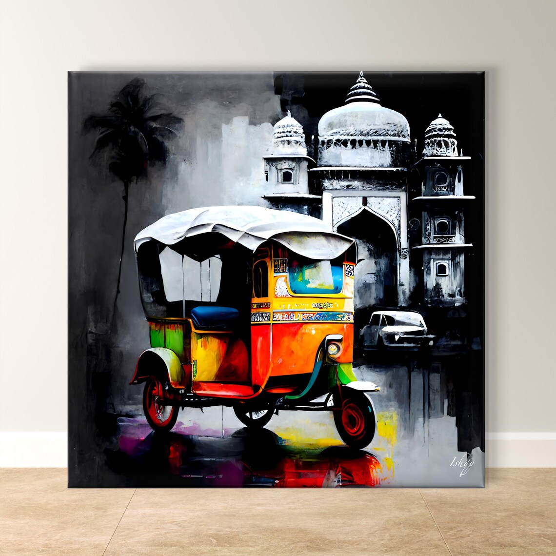 Painted Rickshaw Before a Gray Indian Temple Street Scene Poster
