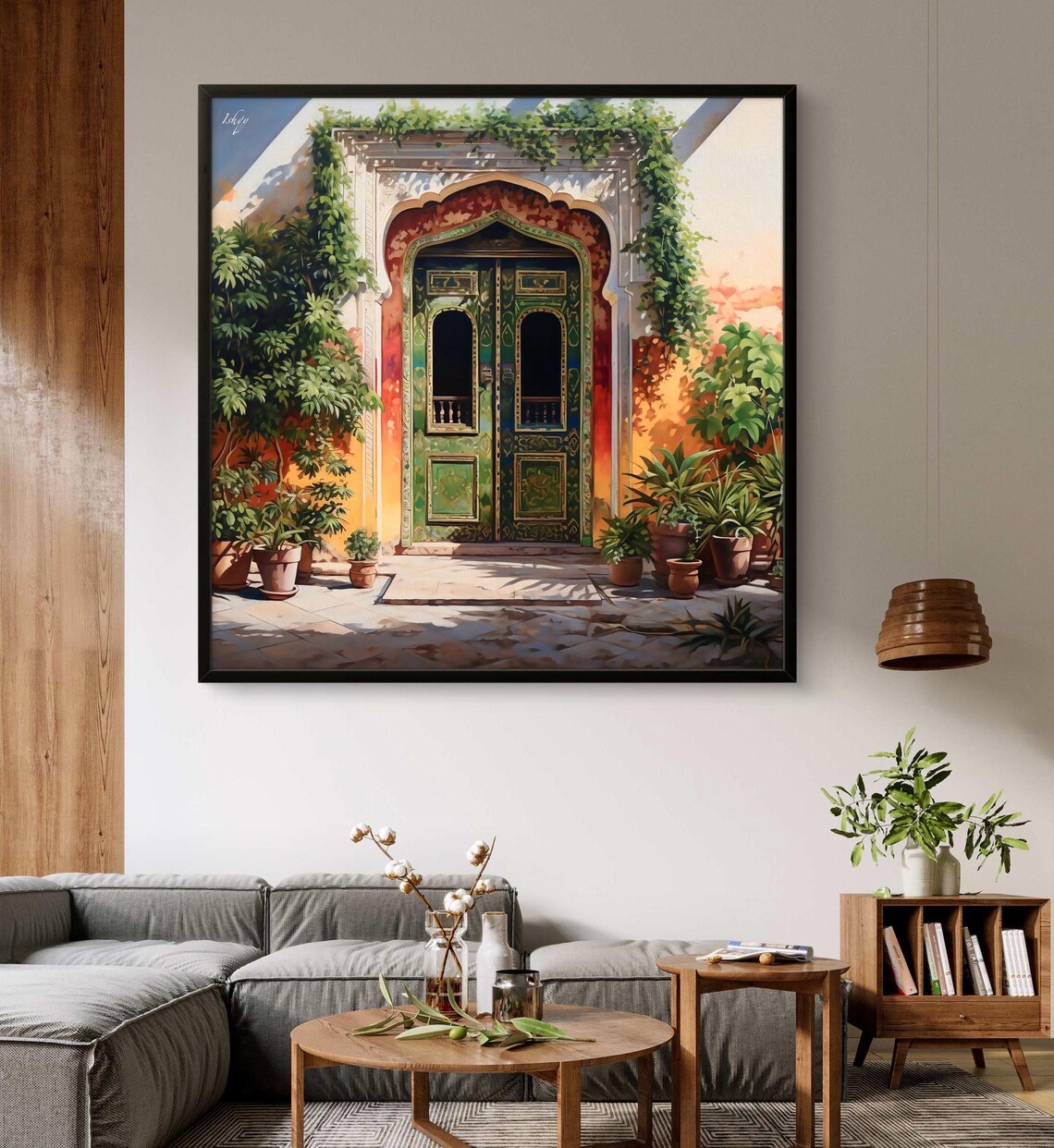 Green Carved Haveli Door Sunlit Arched Entrance India Art Poster - Image 2