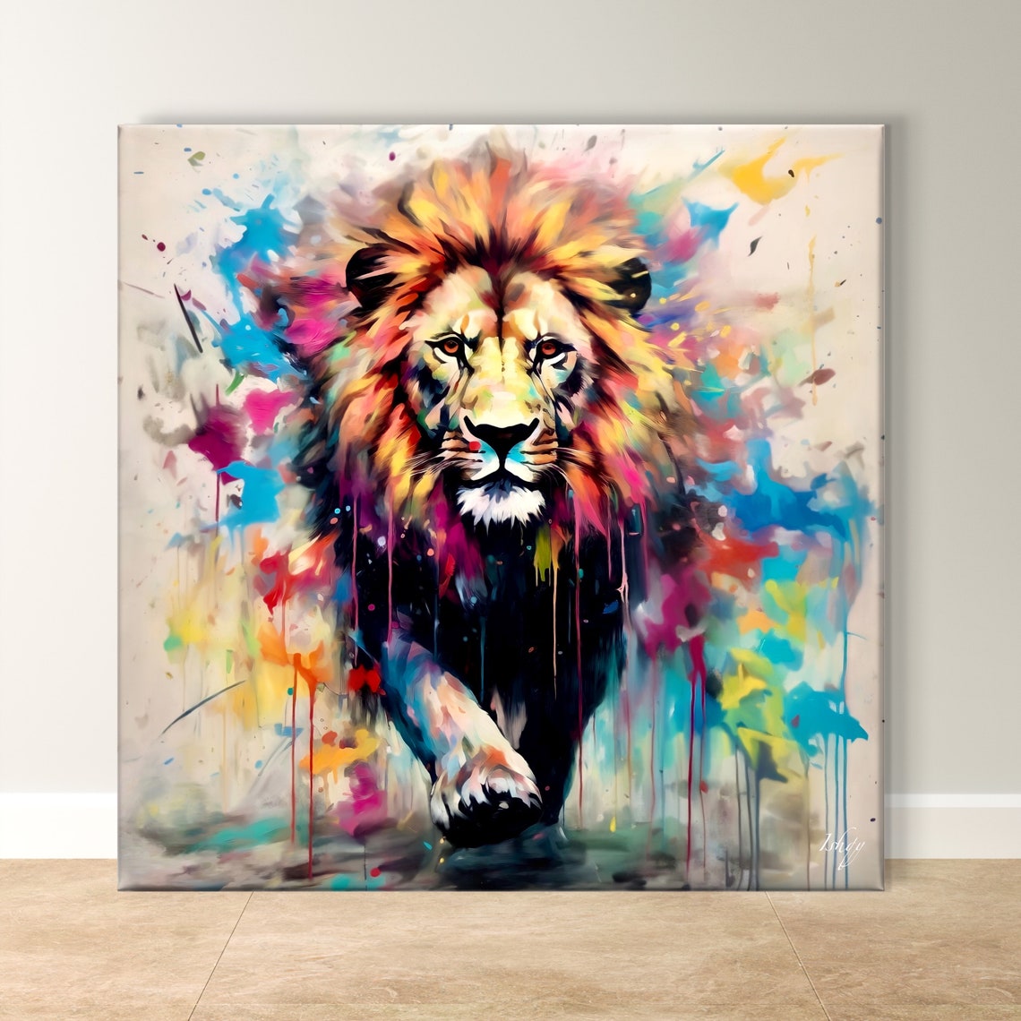 Lion Walking Forward in Vibrant Watercolor Splash Artwork Style Poster