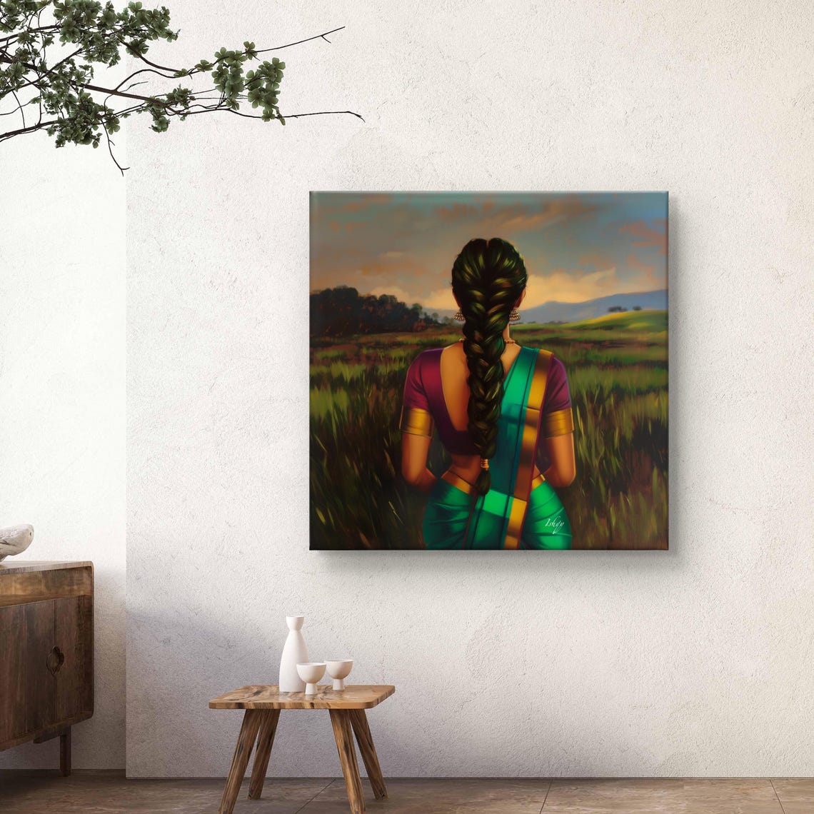 Woman in Green Saree Long Braid Golden Field Sunset Art Poster - Image 7