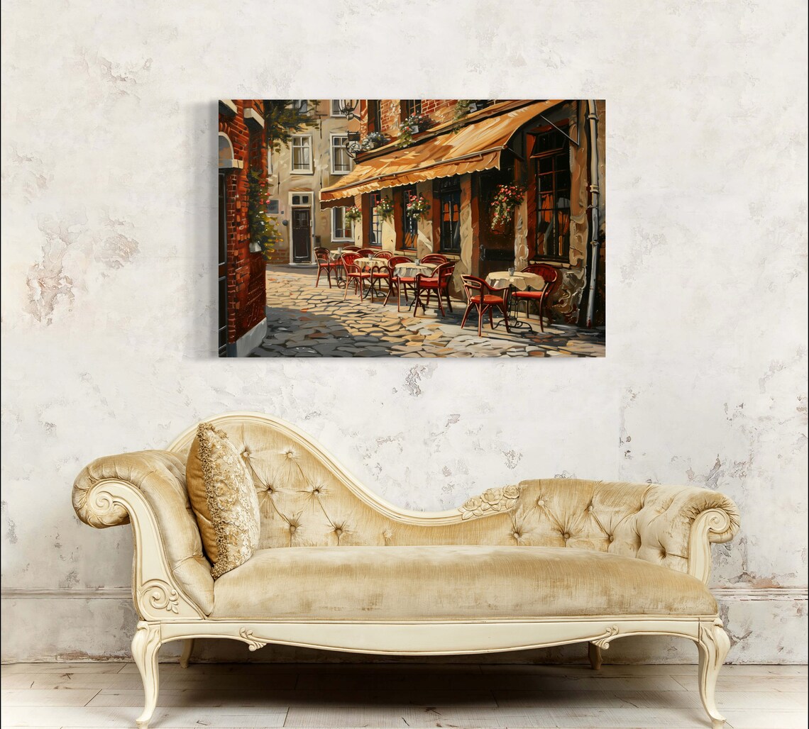 European Street Cafe Scene with Red Chairs in Old Town Poster - Image 5