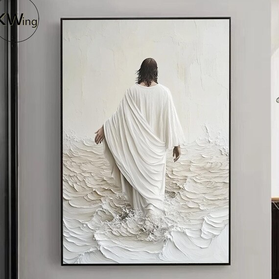 Jesus Walking on White Waves Textured Impasto Faith Wall Art Poster