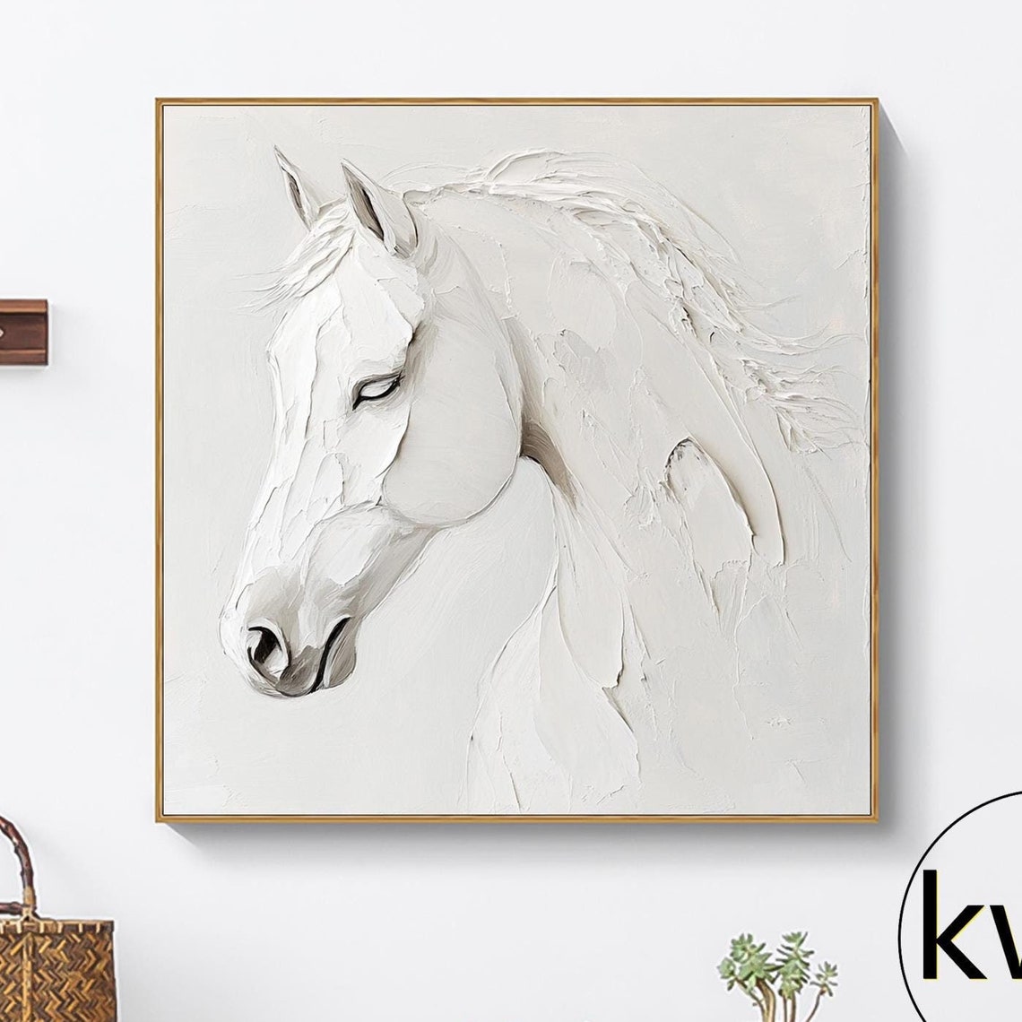 Large White Horse Oil Painting Hand Painted Animal Oil Painting White Textured Painting Horse Wall Art Portrait Art Office Wall Decor